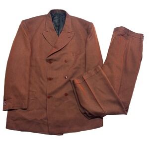 vtg Y2K Rust Brown 48L 40x30 2pc Double Breasted Pant Suit Pleated Cuffed Knit
